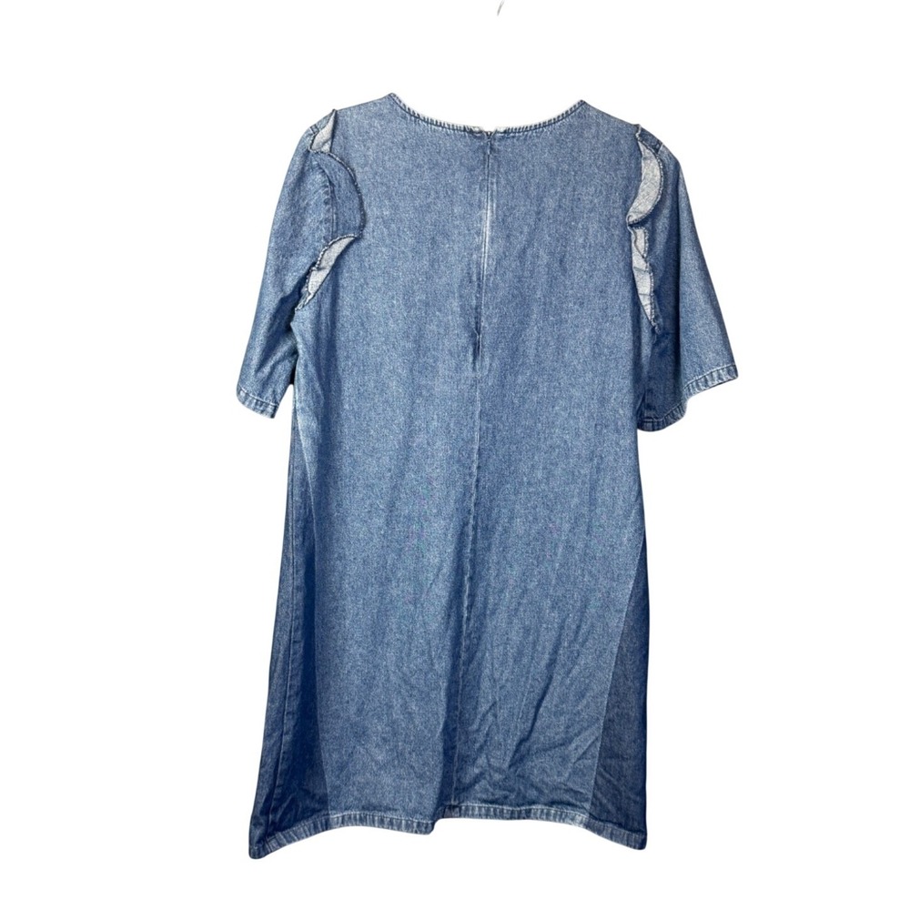 Loup Denim Shift Dress Womens L Ruffle Short‎ Sleeve Denim Indie Mod Minimalist - Picture 2 of 3